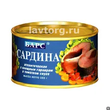 Сардина с овощным гарниром в томатном соусе БАРС, 250 г